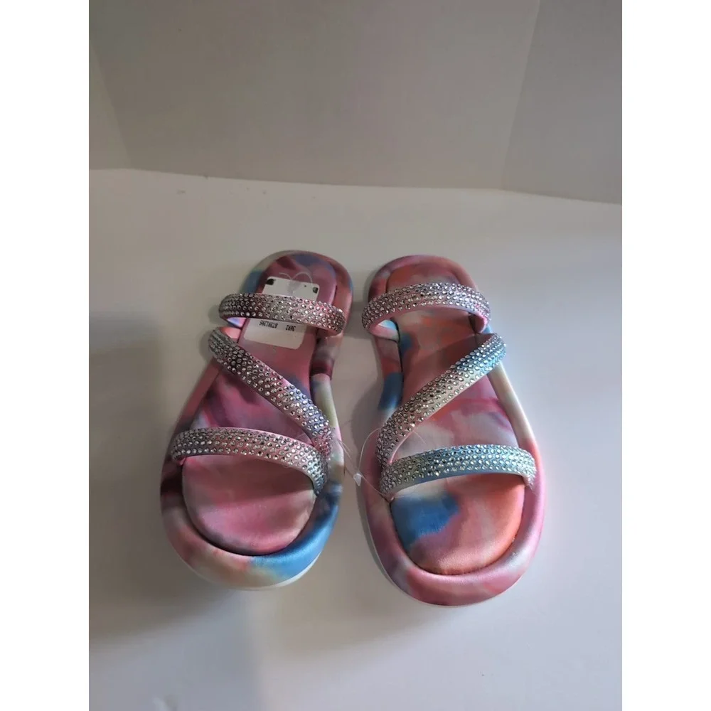 Jessica Simpson Pink Blue Watercolor Tye Die Girls Sparkle Youth Sandals  5  NEW